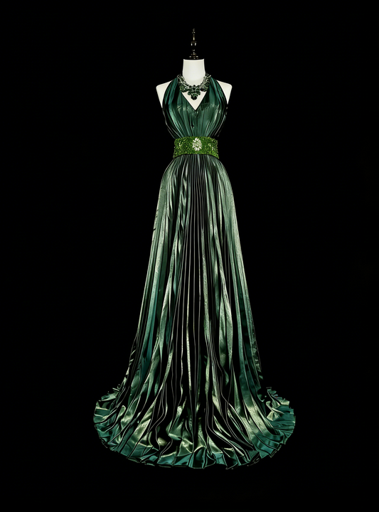 Robe de bal longue vintage années 80, plissée, sans manches, coupe trapèze, dos nu, ornée de perles, N1465