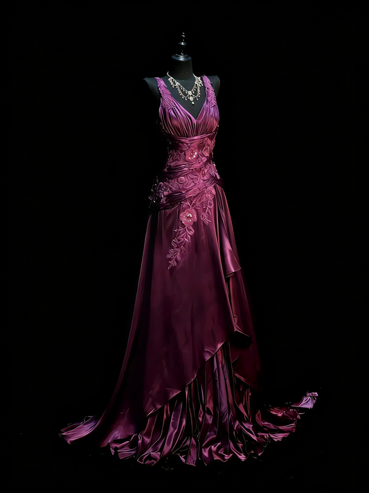 Vintage A Line V Neck Grape Satin With Beadings Lace Floor Length Inspiration Long Prom Dresses N1202