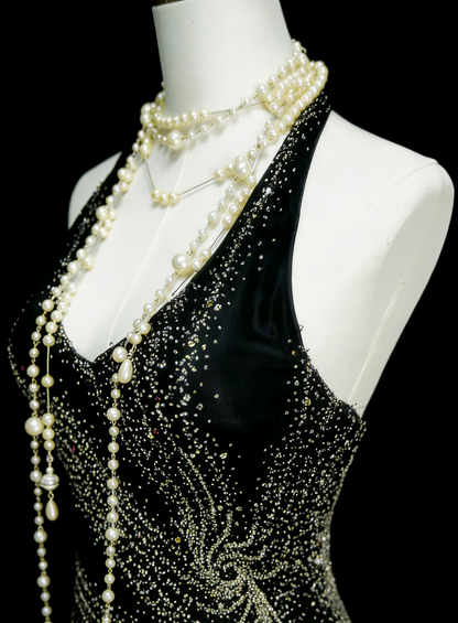 Vintage Mermaid V Neck Black With Beading Summer Formal For Women Girls Teens Prom Dresses N2232