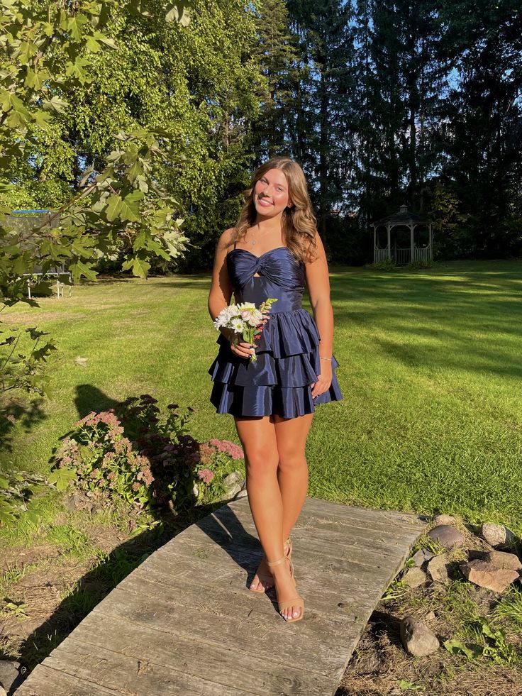 Cute Homecoming Outfit Ideas Mini Dress | Navy Blue Sweetheart Fit and Flare High School Ideas Inspo Senior Graduation Outfits RB7247