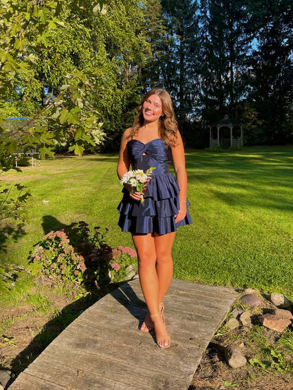 Cute Homecoming Outfit Ideas Mini Dress | Navy Blue Sweetheart Fit and Flare High School Ideas Inspo Senior Graduation Outfits RB7247