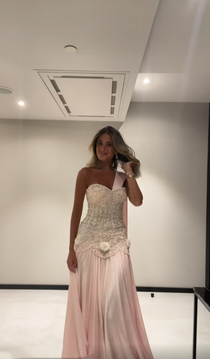 Robe de bal sirène luxueuse à une épaule en mousseline rose sans manches ornée de perles, longueur au sol, robe de remise de diplôme N889