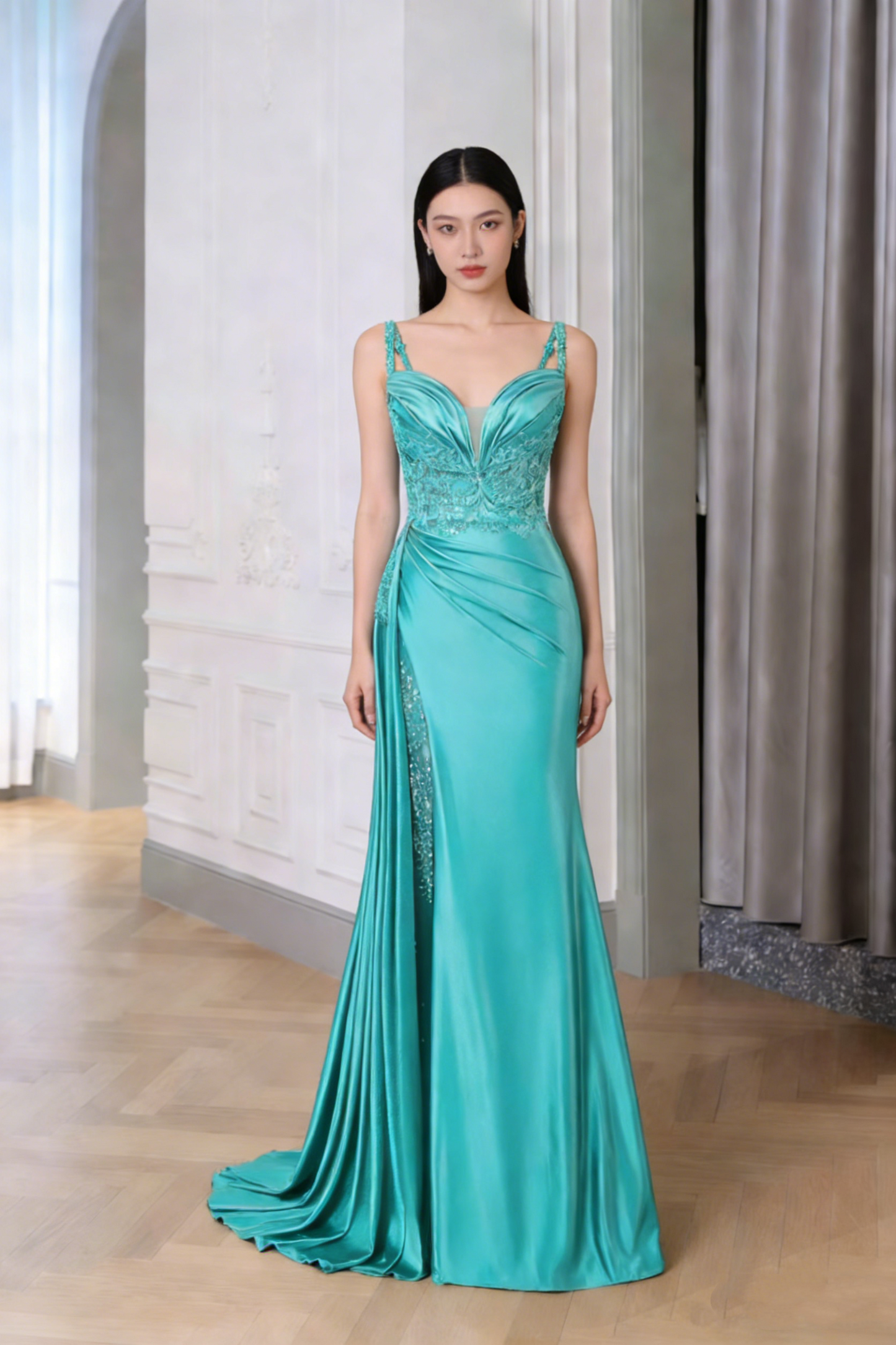 Robe de soirée longue sirène vintage à fines bretelles en satin bleu fendue AB2187