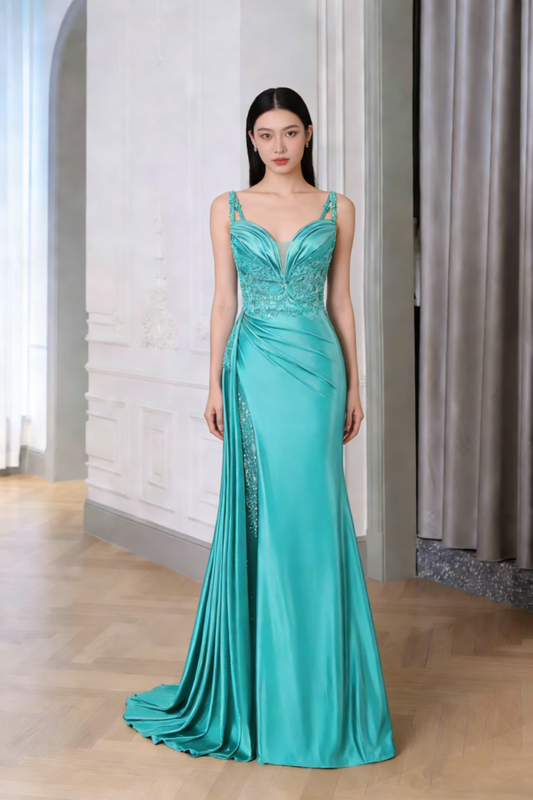 Vintage Meerjungfrauen-Kleid mit Spaghettiträgern, blauem Satin, Schlitz, langes formelles Ballkleid, Abendkleid, Partykleid AB2187