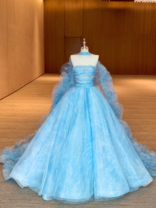 Modest Ball Gown Strapless Ice Blue With Long Cape Tiered Layered Prom Dress Aesthetic Long Graduation Evening Outfits N057