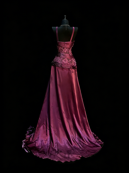 Robe de bal longue vintage en satin raisin, coupe trapèze, col en V, ornée de perles et de dentelle, longueur au sol, référence N1202