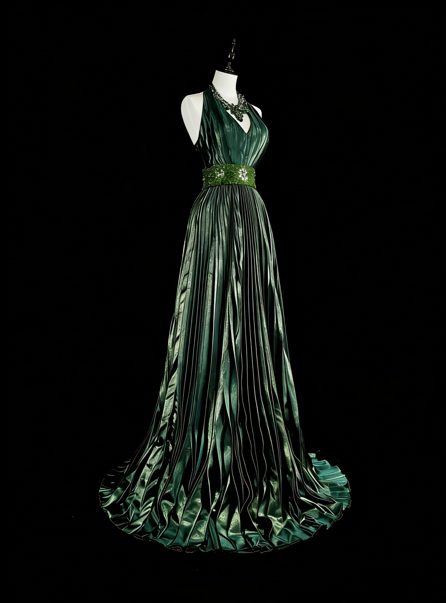 Vintage A-Linien-Halterkleid, grün, plissiert mit Perlen, ärmellos, 80er-Jahre-Stil, langes formelles Abendkleid N1465