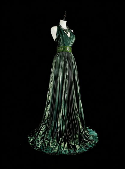 Vintage A-Linien-Halterkleid, grün, plissiert mit Perlen, ärmellos, 80er-Jahre-Stil, langes formelles Abendkleid N1465