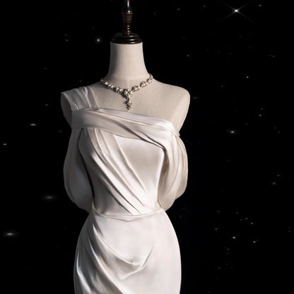 Mermaid Ivory White Satin One Shoulder Pleats Wedding Dress AB973