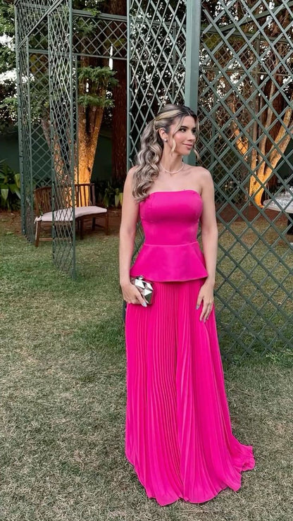 Robe de bal rose fuchsia sexy, élégante et raffinée, coupe trapèze, sans bretelles, en mousseline de soie, référence AB241