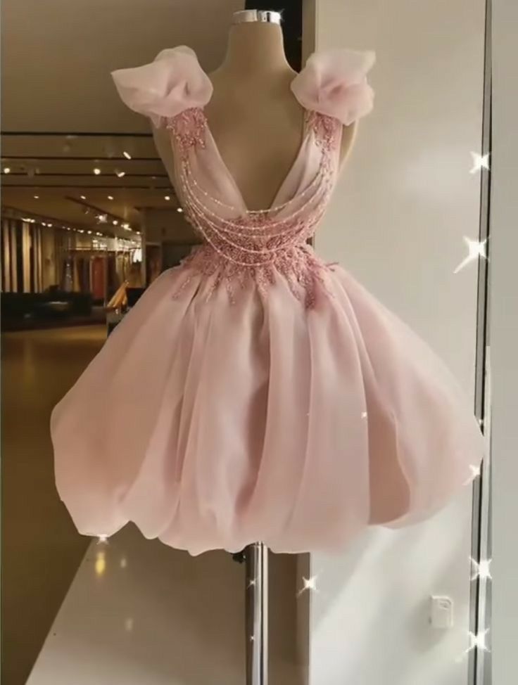 Fancy Ballkleid V-Ausschnitt Hellrosa Mini Kurz Hoco Party Geburtstagskleid Ideen Homecoming Kleider RB4098
