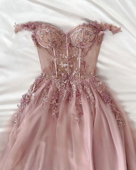 Elegante, schulterfreie, rosafarbene A-Linien-Abendkleider – Inspiration für Teenager, festliche Outfits, Partykleider, Ballkleider AB044