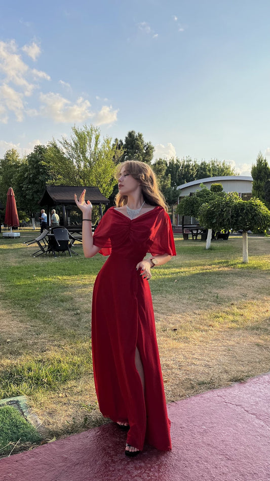Elegantes, schulterfreies, rotes Chiffon-Abendkleid in A-Linie mit Schlitz, langes Partykleid AB1113