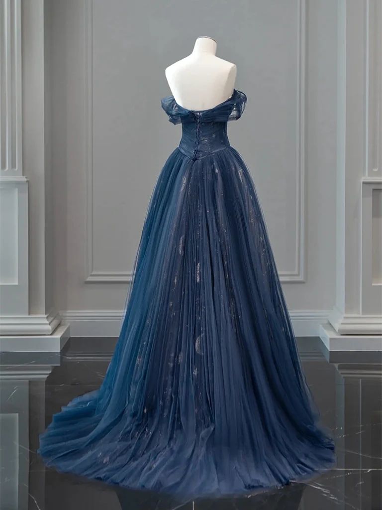 A-Line Off Shoulder Tulle Lace Dark Blue Long Prom Dresses AB693