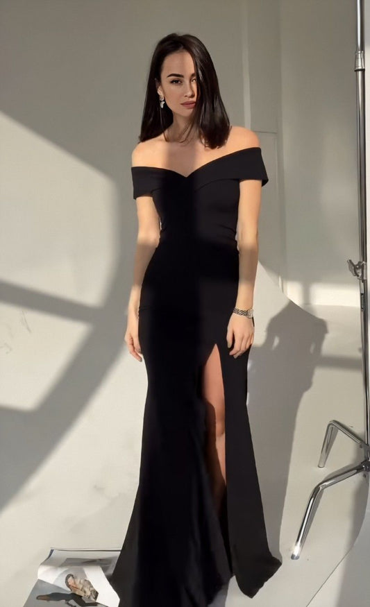 Simple Mermaid Off The Shoulder Navy Blue With Split Long Formal Fancy Prom Evening Dress Dinner Outfits Classy Party Gowns For Black Girls AB2096
