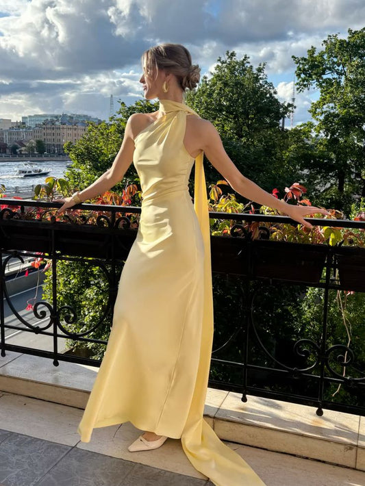 Schlichtes, gelbes, langes Meerjungfrauen-Abendkleid mit One-Shoulder-Ausschnitt, elegant und perfekt für festliche Anlässe wie Abschlussball oder Dinnerpartys (AB2048)