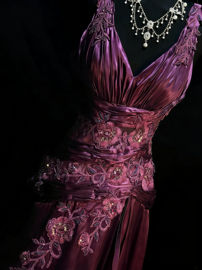 Robe de bal longue vintage en satin raisin, coupe trapèze, col en V, ornée de perles et de dentelle, longueur au sol, référence N1202