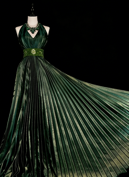 Vintage A-Linien-Halterkleid, grün, plissiert mit Perlen, ärmellos, 80er-Jahre-Stil, langes formelles Abendkleid N1465