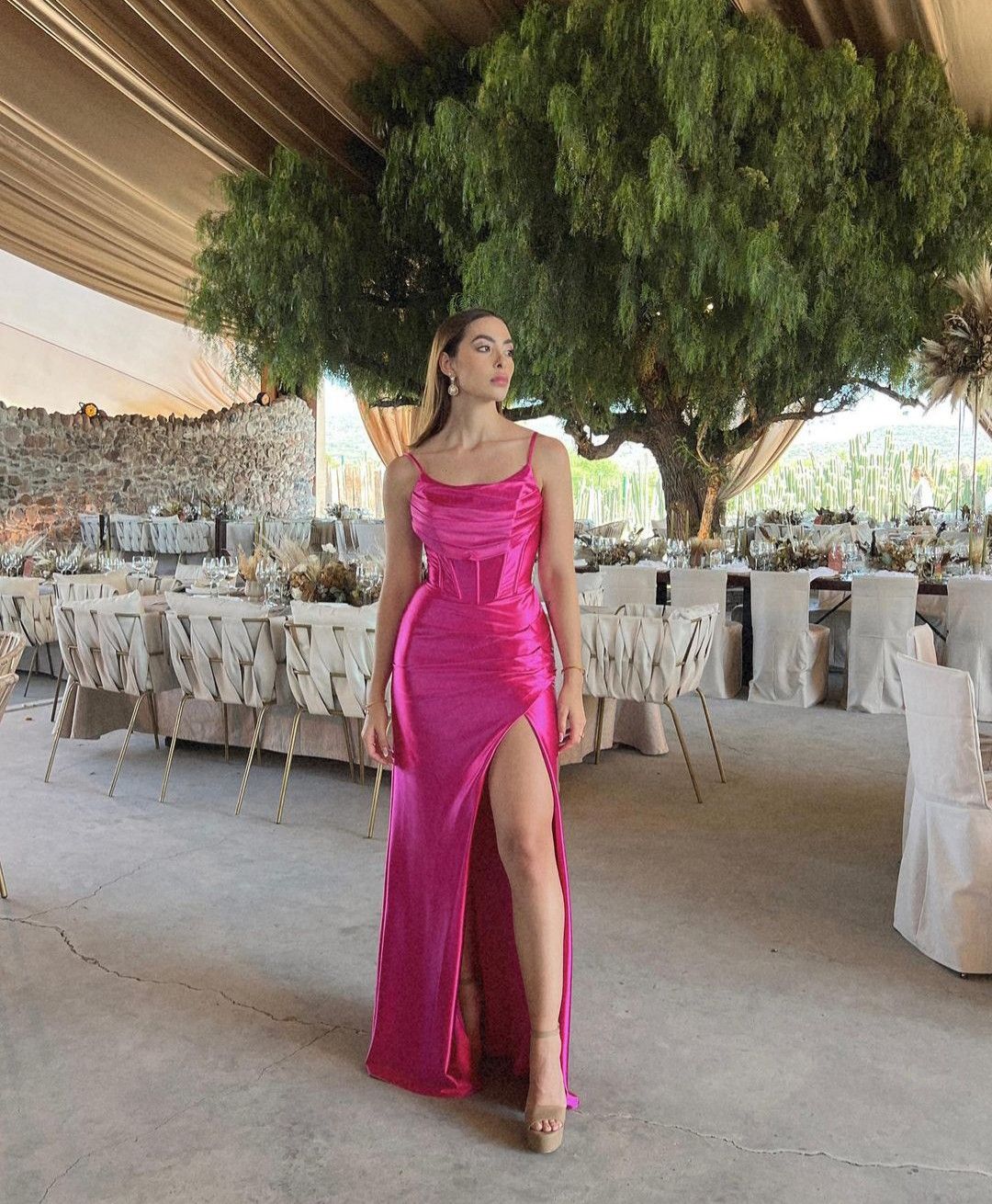 Elegante Meerjungfrauen-Abendkleider für Damen, Spaghettiträger, mit Schlitz, formelles Satin-Kleid, Geburtstagskleid AB775