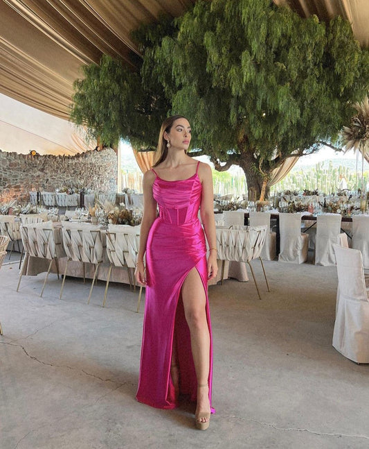 Robe de bal sirène modeste pour femme, bretelles spaghetti, robe de soirée fendue, robe de cérémonie en satin, robe d'anniversaire AB775