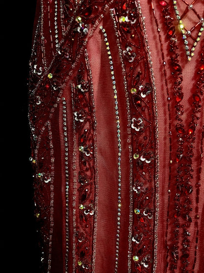 Vintage 1960s Mermaid Halter Burgundy Sleeveless Tulle Long Prom Formal Dresses N1582