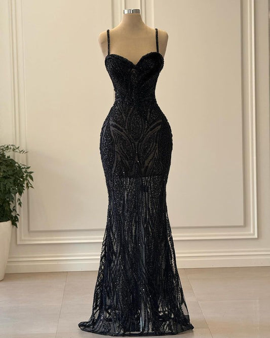 Luxury Mermaid Spaghetti Strap Beaded Black Evening Dress Formal Prom Dress For Party Gown AB329