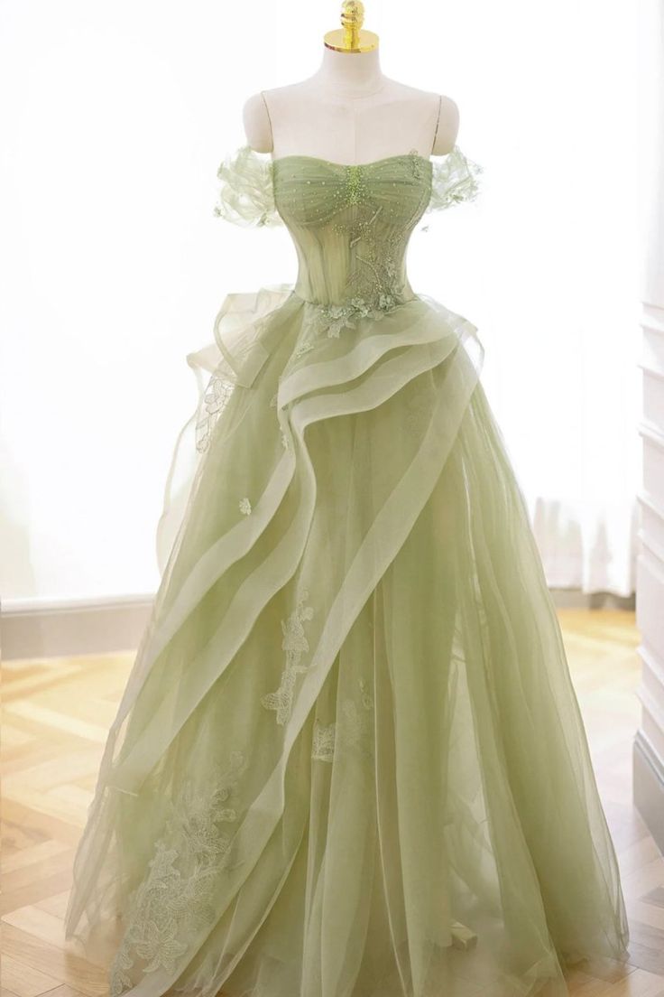 Robe de bal élégante en tulle et dentelle vert sauge, épaules dénudées, longue, robe de soirée, AB327