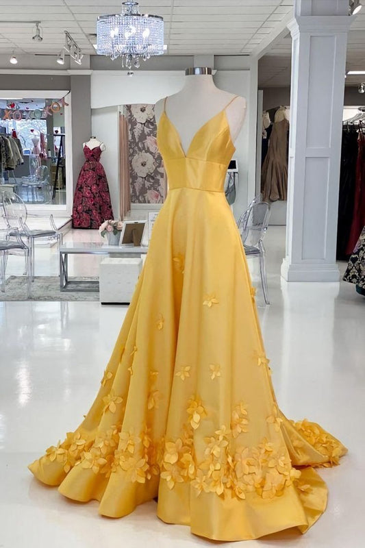 Modest A Line Spaghetti Straps Yellow Satin Prom Dresses Inspo For Teens Formal Dress Party Outfits Prom Gowns AB059