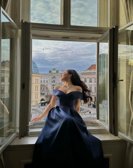 Special Ball Gown Off The Shoulder Dark Navy Blue Satin With Short Sleeves Long Prom Dresses Inspo Prom Gown AB1032