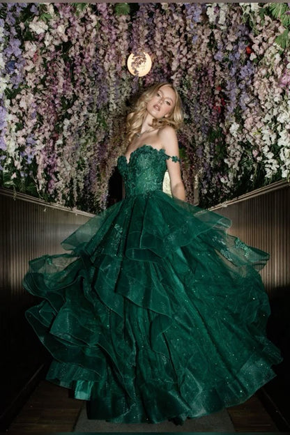 Robe de bal sobre à épaules dénudées, en tulle et dentelle appliquée, longue robe de soirée vert foncé, AB469