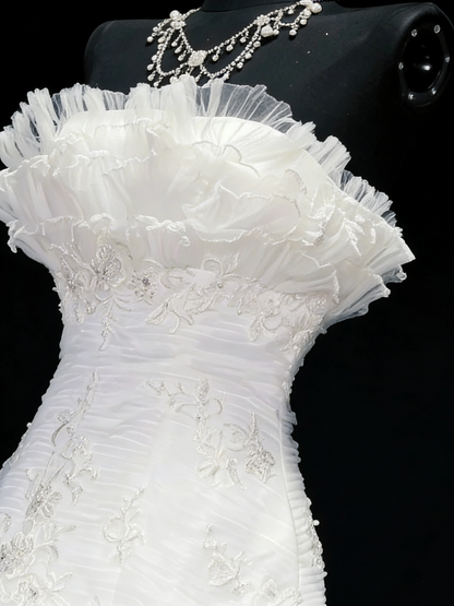 Vintage 80er Jahre Brautkleid Meerjungfrau trägerlos Tüll weiß gerafft Lagen langes Brautkleid figurbetontes Brautkleid N1208