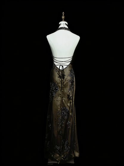 Robe de bal longue sirène vintage dos nu en satin sans manches, style années 80, référence N1452