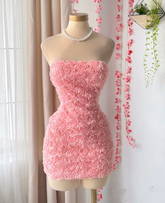 Cute Strapless Sheath 3D Flowers Pink Mini Graduation Dresses Short High School For 8th Grade Senior Homecoming Gown RB3414