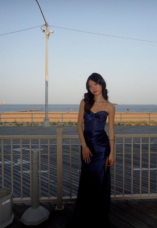 Special Sheath Strapless Dark Navy Blue Satin Beads Sequin Sleeveless Long Prom Dresses Inspo Prom Gown AB1030