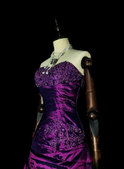 Robe de bal vintage années 1760, bustier cœur violet avec satin plissé, longue robe de bal N1599