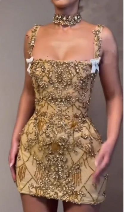 Luxury Sheath Square Neck Gold Short Formal Grade Homecoming Dresses Gold Cocktail Dress N4729