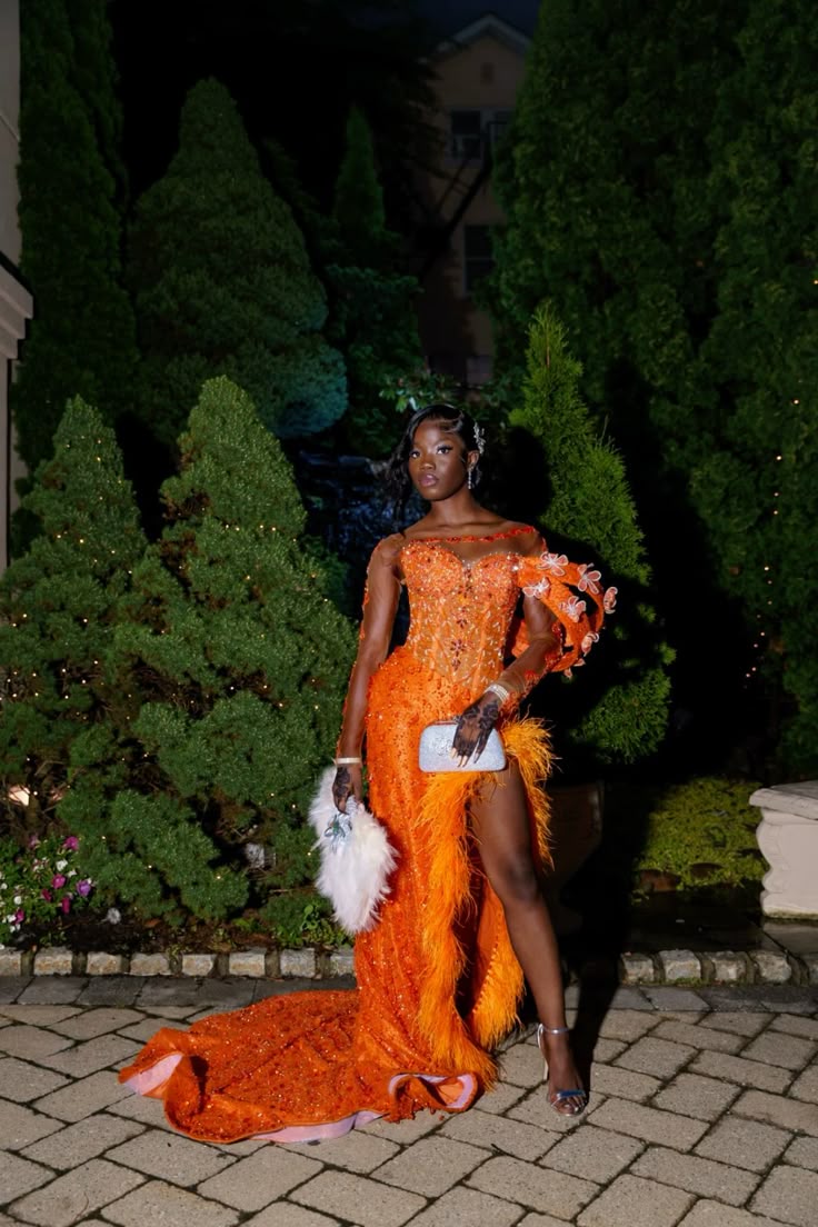 Robe de bal de fin d'année modeste, inspiration lycéenne, sirène, sequins orange, fente, pour jeunes filles noires, robe longue semi-formelle AB2159