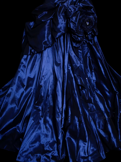 Robe de bal vintage bustier bleu marine en satin, longue, pour bal de fin d'année, tenue de soirée N035
