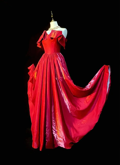 Vintage A Line Strapless Red Satin Senior Prom Dresses High School Long Formal Dress N1291