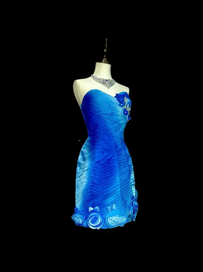 Robe fourreau vintage en mousseline bleue à décolleté cœur, style cabaret, courte, inspiration robe de bal N1353