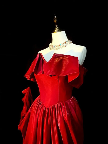 Vintage A Line Strapless Red Satin Senior Prom Dresses High School Long Formal Dress N1291