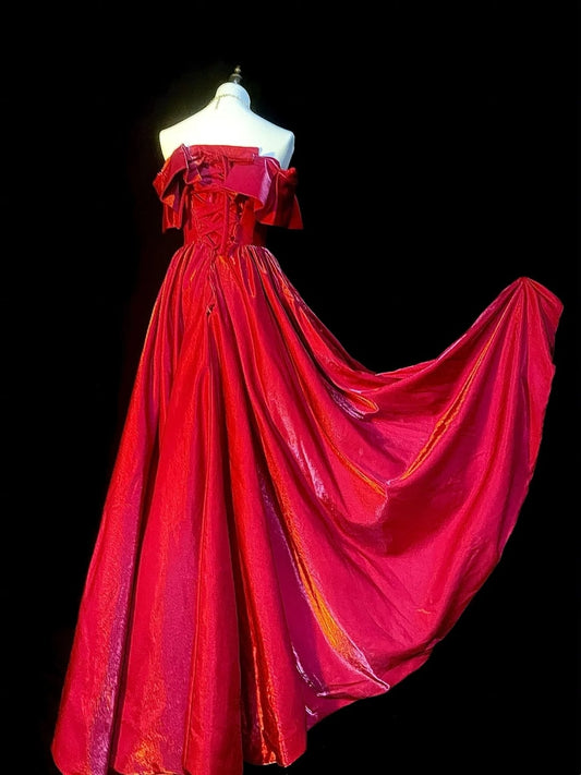 Vintage A Line Strapless Red Satin Senior Prom Dresses High School Long Formal Dress N1291
