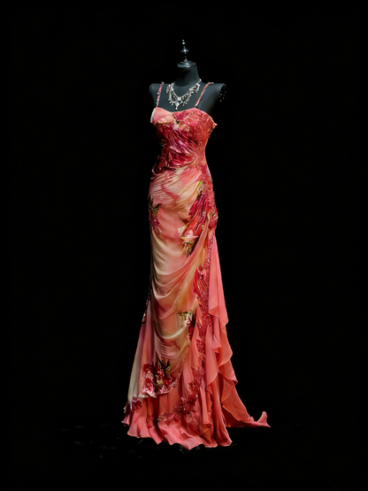Vintage Mermaid Spaghetti Straps Floral Chiffon With Beadings Floor Length Inspiration Long Prom Dresses N1204