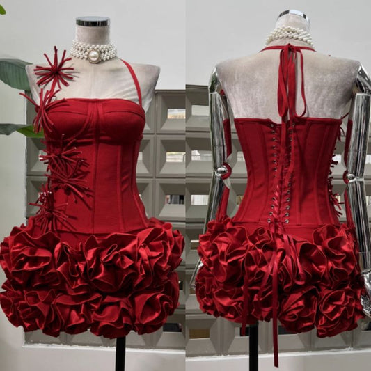 Sexy Sheath Halter Red With Flowers For Black Girls Mini Homecoming Dresses Short 17th Birthday Outfits RB4235