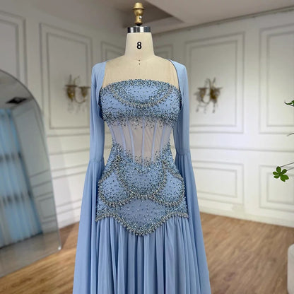 Robe de bal élégante en mousseline de soie bleue, coupe trapèze, sans bretelles, ornée de perles, tenue de soirée pour 20e anniversaire, RB1966