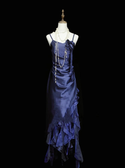 Vintage-Abendkleid im A-Linien-Stil mit Spaghettiträgern, 80er/70er Jahre, Marineblau, für Teenager, College, formelle Anlässe, Abschlussball, N1143