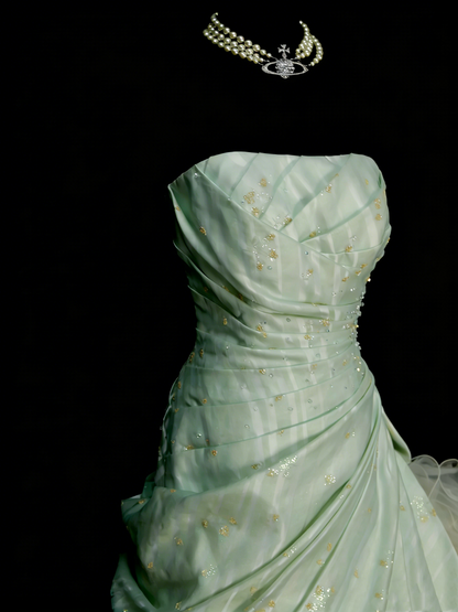 Vintage Ball Gown Strapless Sage Green 1980s College Formal Outfit Prom Graduation Dresses For Teens N1333