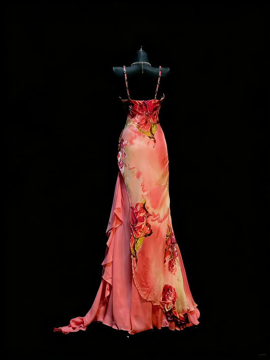 Vintage Mermaid Spaghetti Straps Floral Chiffon With Beadings Floor Length Inspiration Long Prom Dresses N1204