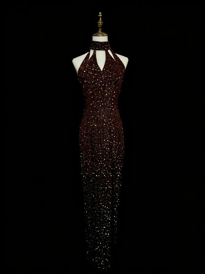 Robe de bal longue vintage années 80, fourreau, dos nu, à sequins, sans manches, N1453