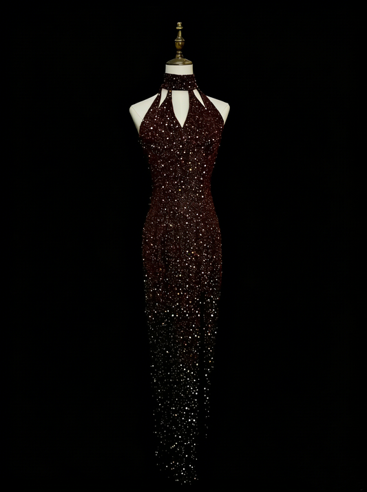 Robe de bal longue vintage années 80, fourreau, dos nu, à sequins, sans manches, N1453
